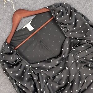 HM Black White Polka Dot Ruched Square Neck Crop Blouse Small Retro Parisian